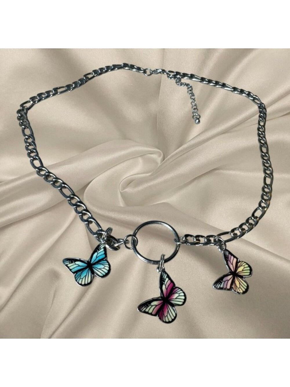 Y2K Multi Enamel Butterfly Charm Necklace Figaro Chain O Ring Silver Tone 18 Inc